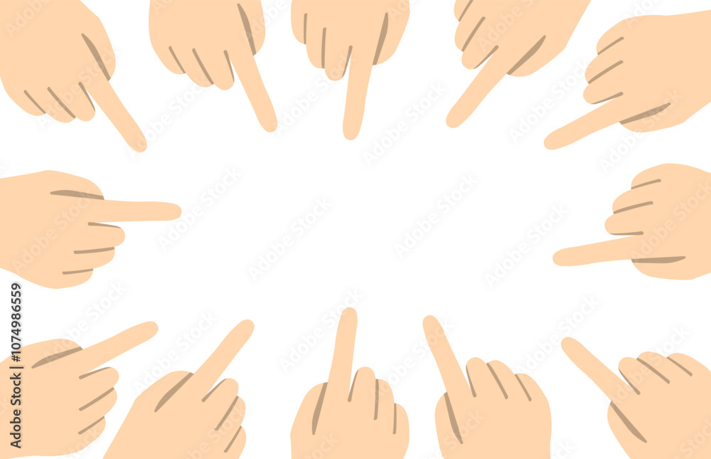 Obraz premium A circle of pointing hands converging towards a blank center in a creative representation of attention and direction