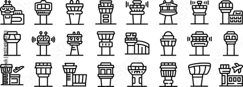 Airport control tower icons set. Set of airport control tower icons representing aviation infrastructure, air traffic control, flight safety, and navigation systems