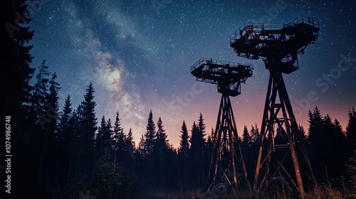 Telescope array at night, capturing the vastness of the cosmos, symbolizing human curiosity and the pursuit of knowledge beyond earthly boundaries.