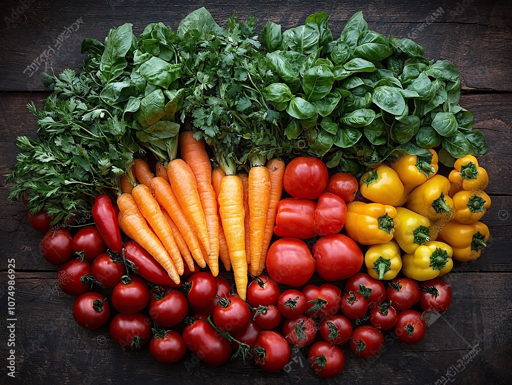 An overhead shot of an assortment of fresh organic vegetables and herbs laid out on a rustic wooden table.