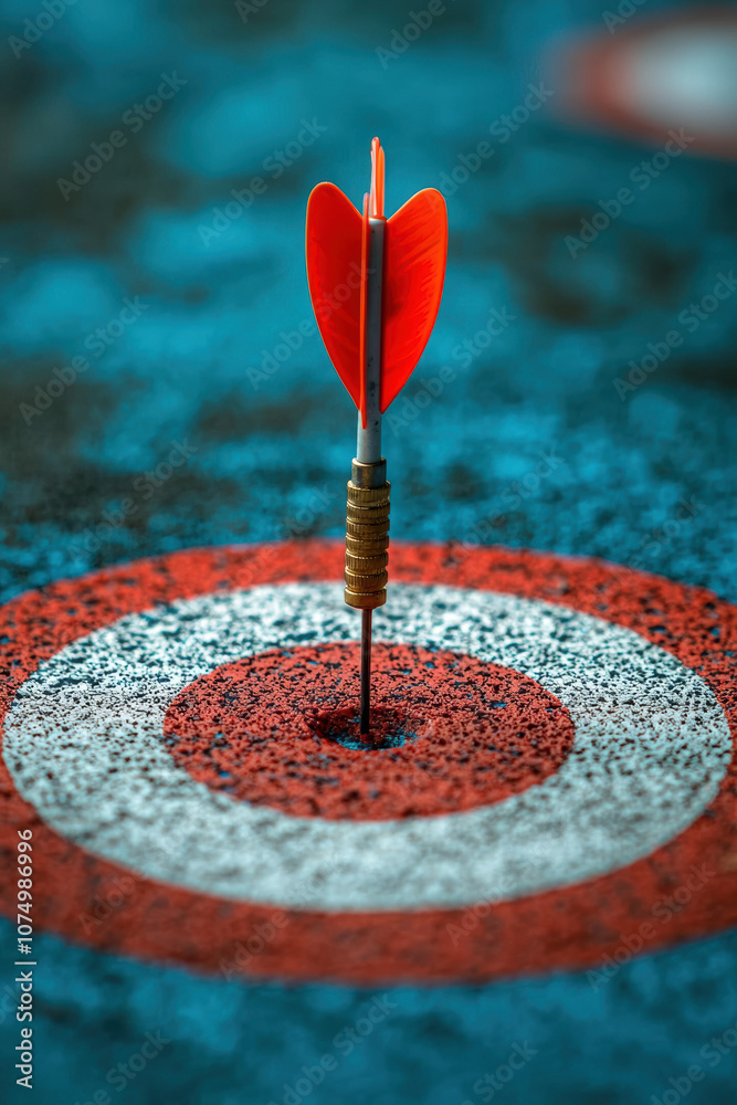 A close-up view of a dart embedded in the center of a colorful dartboard, showcasing precision and focus in a competitive game setting. A close-up view of a dart embedded in the center of a colorful dartboard, showcasing precision and focus in a competitive game setting.