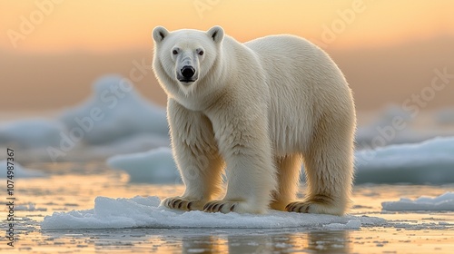 polar bear stands thoughtfully floating piece ice gazing distance as soft pastel skies illuminate Arctic landscape filled icebergs.