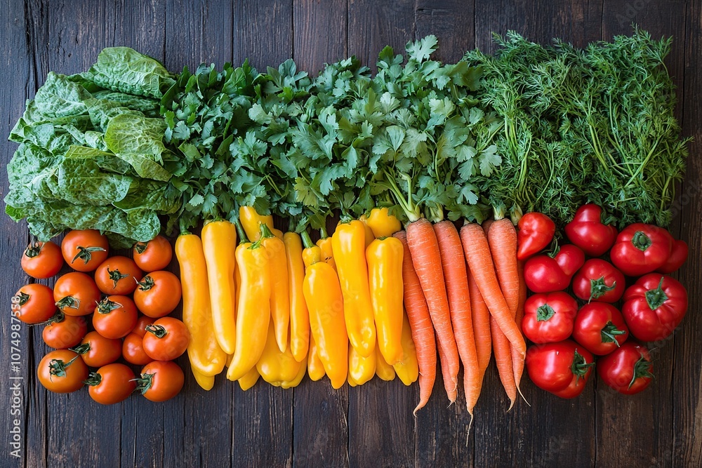 An overhead shot of an assortment of fresh organic vegetables and herbs laid out on a rustic wooden table. An overhead shot of an assortment of fresh organic vegetables and herbs laid out on a rustic wooden table.