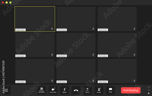 Virtual gathering with empty participant squares and interface elements during a digital meeting at sunset