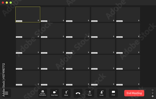 In a virtual meeting room during the evening, a grid of empty participant squares indicates a waiting audience, emphasizing the anticipation for discussions to start.