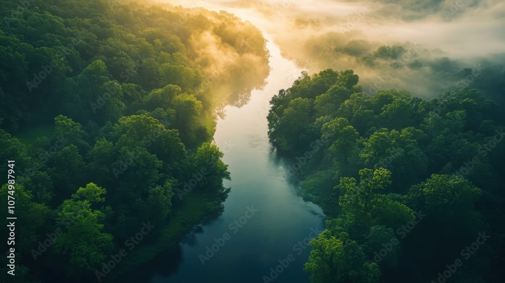 A tranquil morning on the Black Warrior River, shrouded in mist and surrounded by lush greenery at dawn A tranquil morning on the Black Warrior River, shrouded in mist and surrounded by lush greenery at dawn