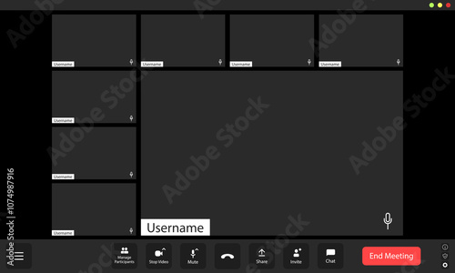 In a virtual meeting environment, empty participant boxes highlight the absence of attendees while a highlighted username indicates the active speaker. This setup reflects remote communication.