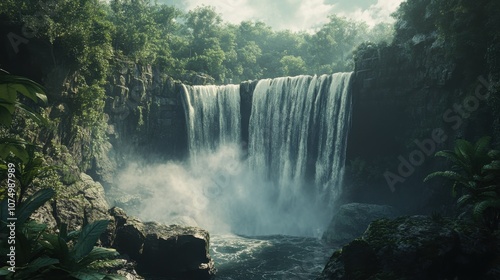 Cumberland Falls cascades powerfully through lush greenery under a cloudy sky, showcasing nature's beauty in an idyllic setting