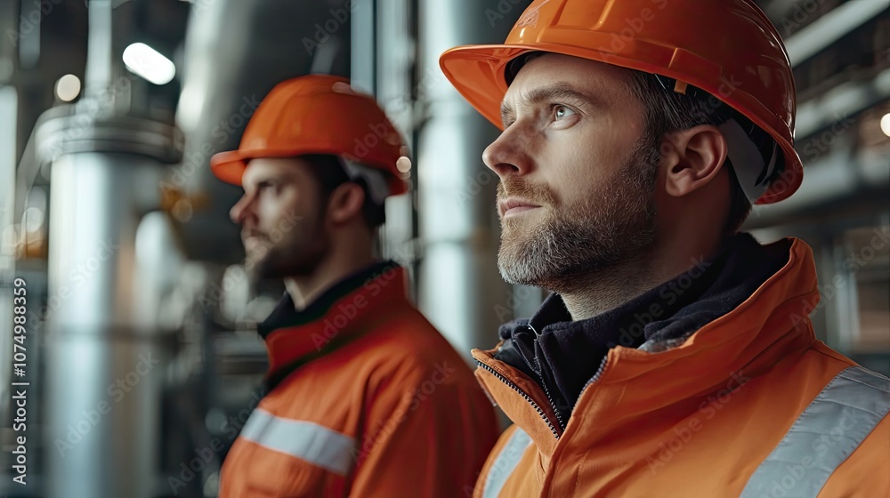 Two Construction Workers Wearing Orange Hard Hats and Safety Gear Two Construction Workers Wearing Orange Hard Hats and Safety Gear