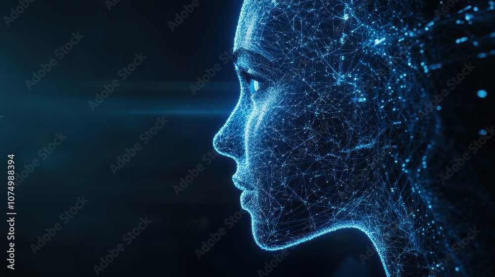 glowing AI human head on dark background, science fiction or futuristic glowing AI human head on dark background, science fiction or futuristic