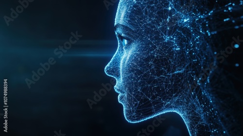 glowing AI human head on dark background, science fiction or futuristic 