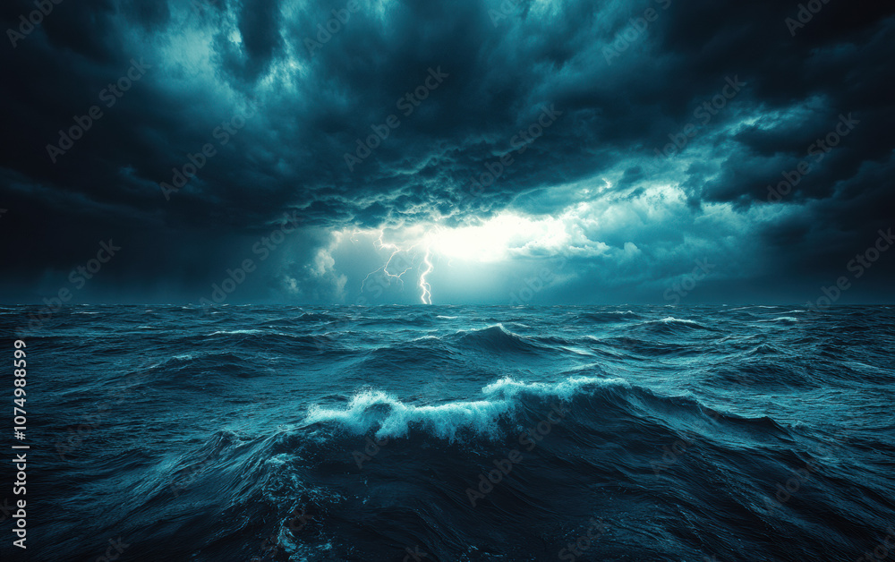 A dramatic scene of a stormy ocean under dark, turbulent clouds and lightning illuminating the sky, showcasing nature's raw power and beauty. A dramatic scene of a stormy ocean under dark, turbulent clouds and lightning illuminating the sky, showcasing nature's raw power and beauty.
