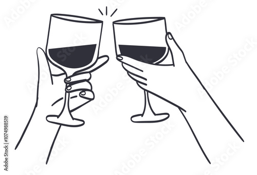 Hands hold glass of red wine, cocktail or other alcoholic drink. Cheers vector illustration in doodle style for greeting cards, placard, prints, invitations, menu design. Line hand drawing icon.