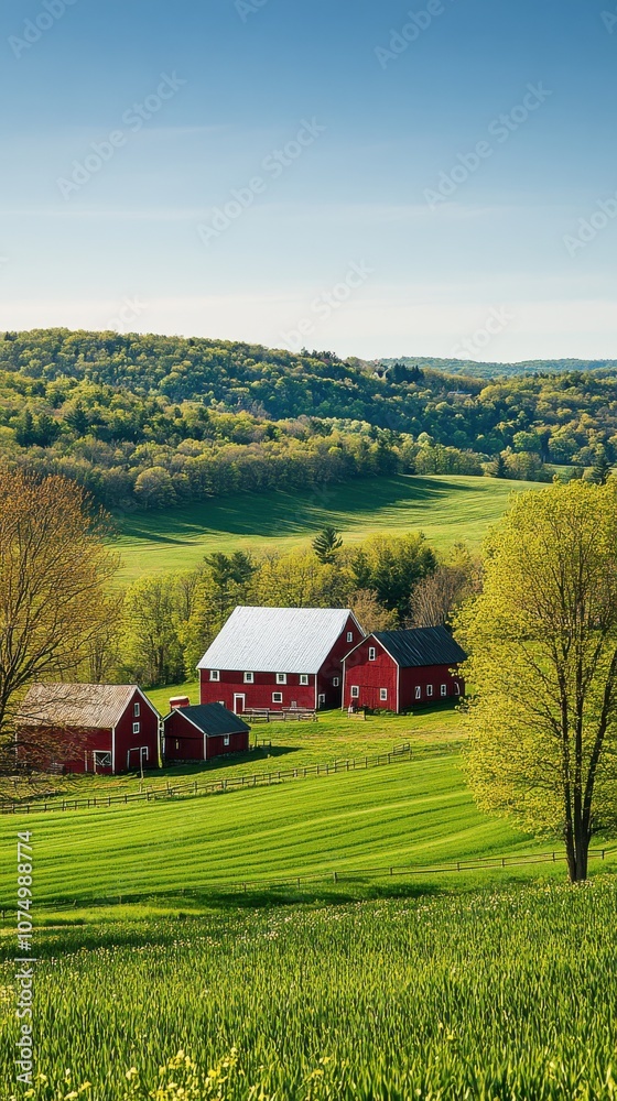 A breathtaking view of rolling green hills and charming red barns under a clear blue sky in the countryside A breathtaking view of rolling green hills and charming red barns under a clear blue sky in the countryside