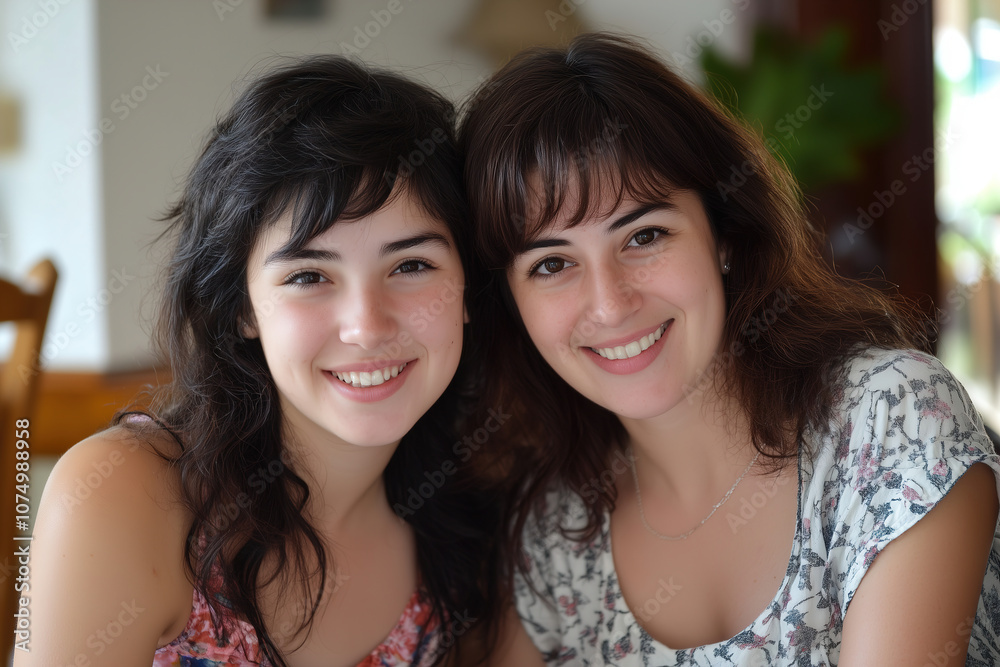 Two smiling women enjoying a moment together indoors, displaying warmth and joy while sitting at a table on a sunny day. Generative AI Two smiling women enjoying a moment together indoors, displaying warmth and joy while sitting at a table on a sunny day. Generative AI