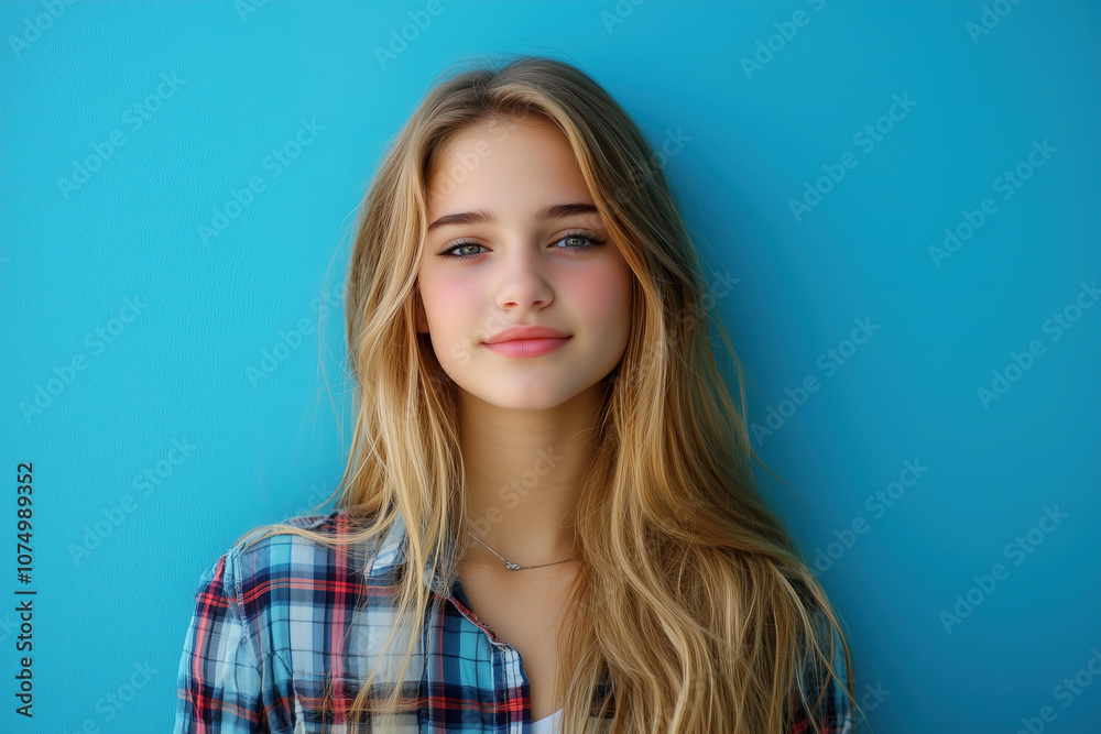 Fototapeta premium A young woman with long hair standing against a bright blue wall during daylight, smiling softly and exuding a relaxed vibe. Generative AI