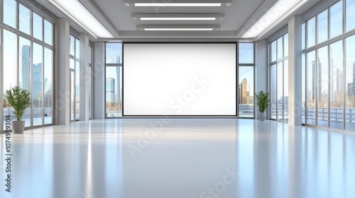 An empty photo studio with a large white backdrop, ready for a model shoot. Softbox lights illuminate the scene, creating a clean atmosphere.