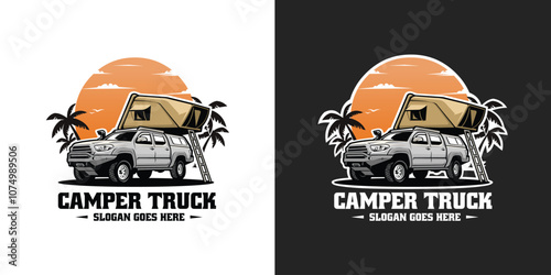 Camper Truck in Beach Logo Illustration Vector Isolated