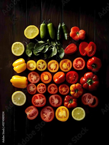 An overhead shot of an assortment of fresh organic vegetables and herbs laid out on a rustic wooden table.