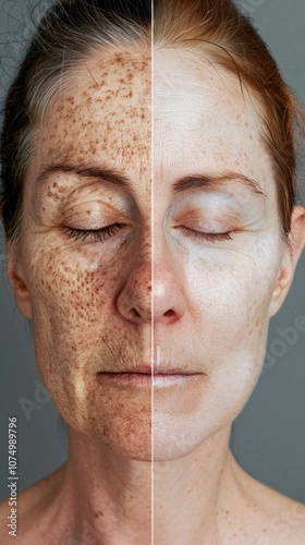 Aging comparison, skin texture, beauty concept, portrait of a woman showing before and after effects of skin aging on a neutral background photo