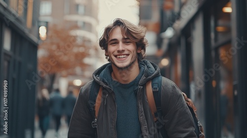 Smiling Man Walking in City