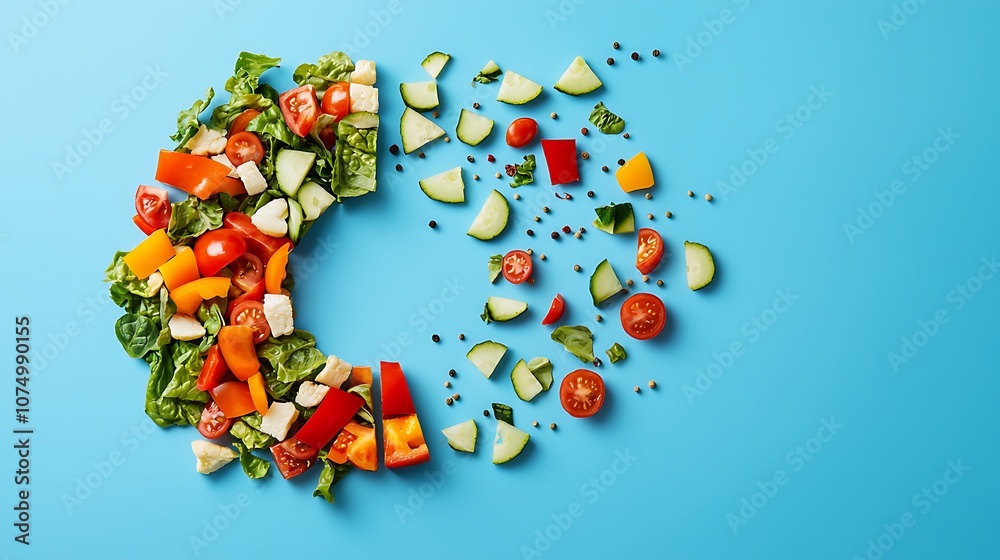 A blue background with a salad in the center A blue background with a salad in the center
