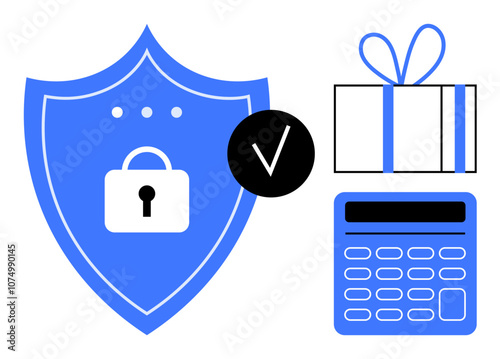 Blue lock on shield, gift box with ribbon, calculator, black circle with checkmark. Ideal for cybersecurity, online protection, privacy, financial security secure transactions gifts safety. Line