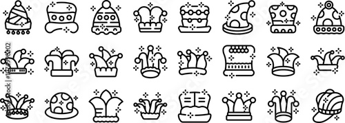 Clown hat icons set. Collection of jester hats, caps, and amusing headwear icons, symbolizing fun, parties, and festive occasions