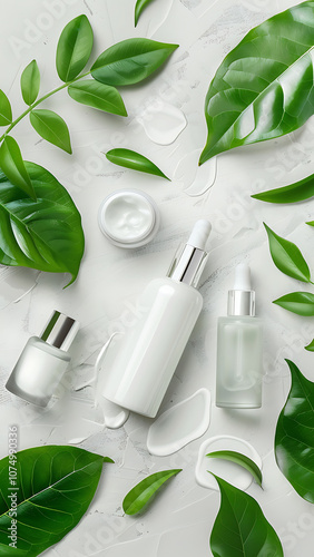 Minimalist Skincare Products with Green Leaf Background