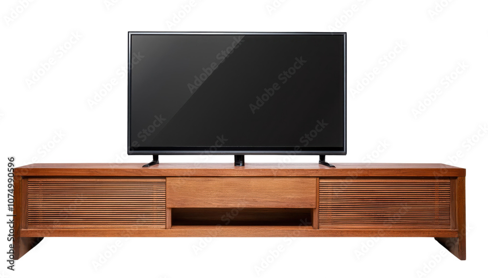 Modern wooden TV stand with a sleek flat-screen television on display in a cozy setting, transparent background Modern wooden TV stand with a sleek flat-screen television on display in a cozy setting, transparent background