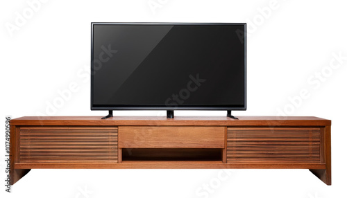 Modern wooden TV stand with a sleek flat-screen television on display in a cozy setting, transparent background