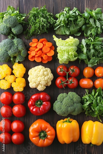 An overhead shot of an assortment of fresh organic vegetables and herbs laid out on a rustic wooden table.