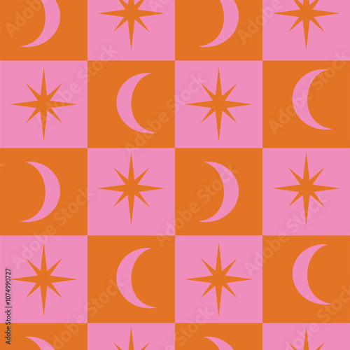 Checkered crescent moon and stars on pink and orange checkerboards seamless pattern. For home décor, wallpaper and fabric.