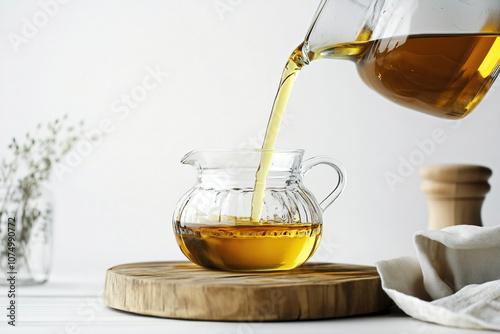 Green tea being poured from a glass pitcher into a clear jug on a wooden cutting board with herbs in a minimal kitchen setting. Generative AI