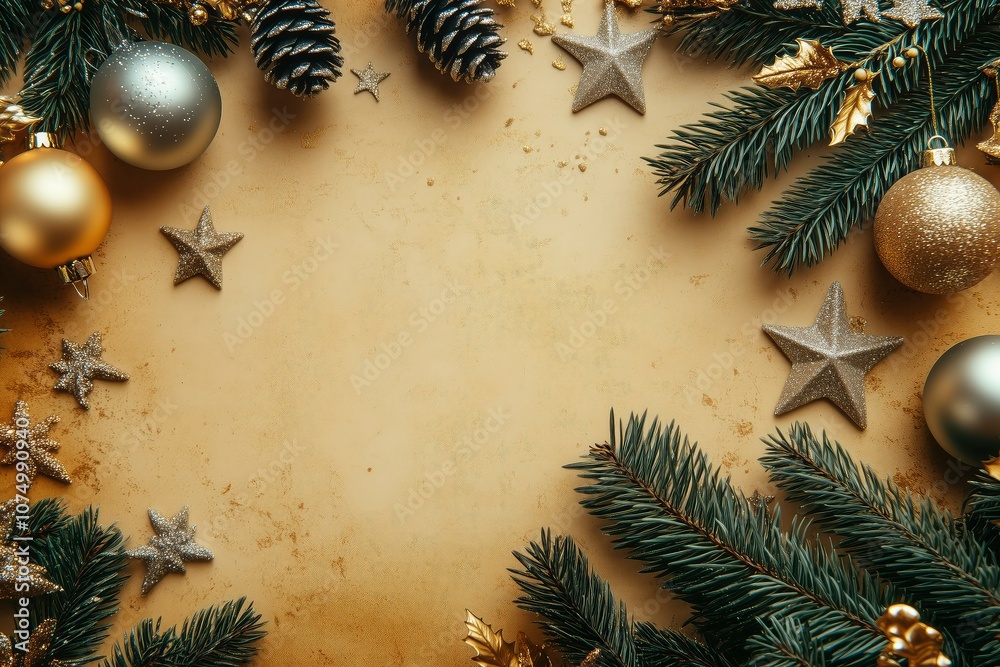 Christmas background with silver and gold decorations, stars, and pine branches on a gold backdrop Christmas background with silver and gold decorations, stars, and pine branches on a gold backdrop