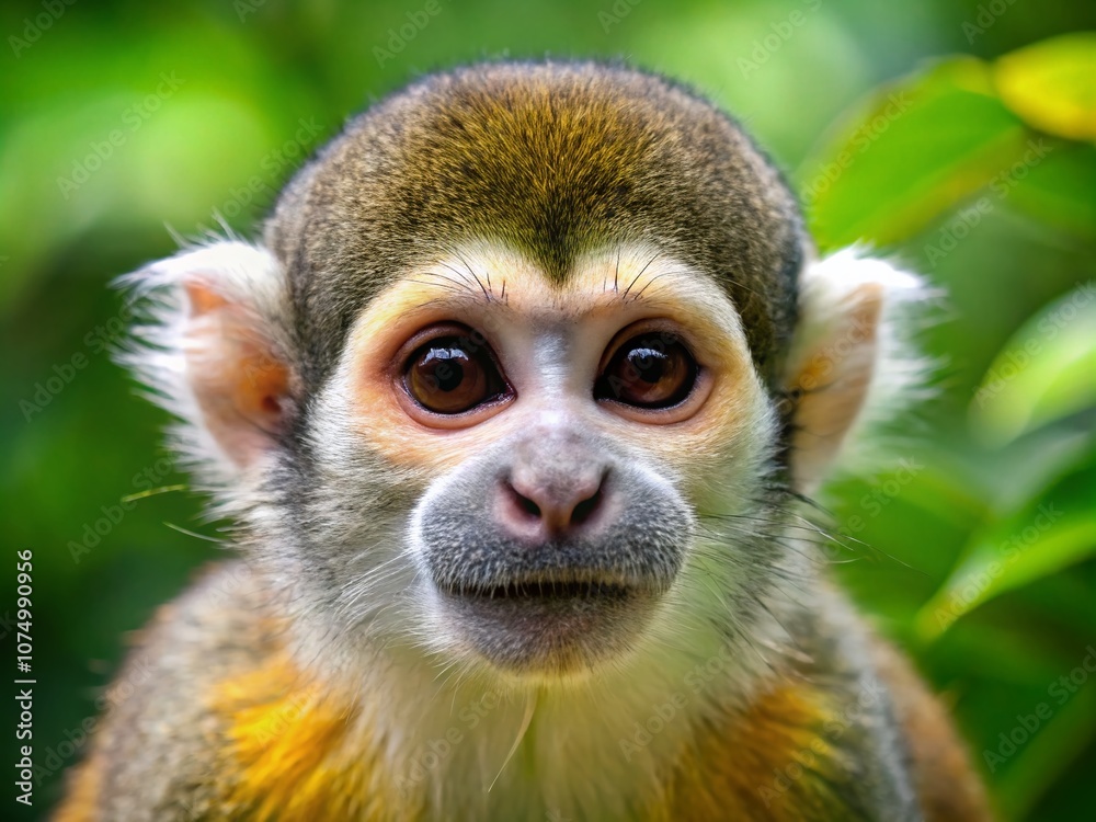 A tiny squirrel monkey surveys the emerald Ecuadorian jungle canopy. A tiny squirrel monkey surveys the emerald Ecuadorian jungle canopy.
