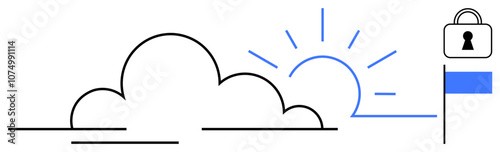 Cloud and sun rays with padlock and flag. Ideal for technology, cloud computing, data security, privacy, digital safety, online protection, and secure connections. Line metaphor