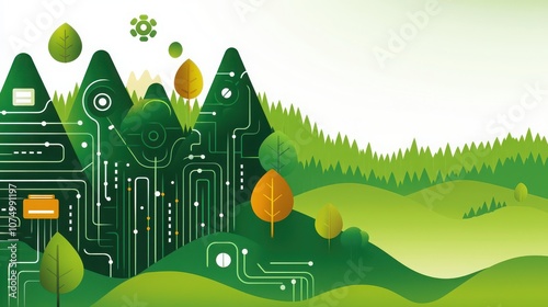 A serene world merging technology and nature seamlessly, with circuit trees, colorful leaves, and calming skies. 