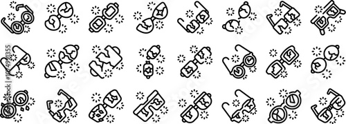 Broken glasses icons set. Line icons representing broken glasses with fireworks exploding around, celebrating new year eve