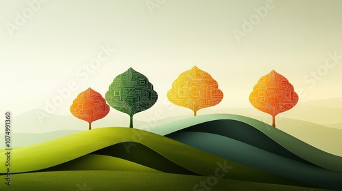A serene world where technology merges with nature, creating vibrant trees and colorful leaves under a calming gradient sky. 