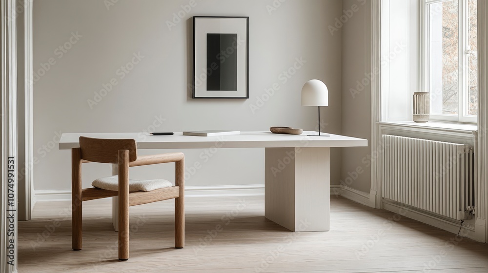 Minimalist Home Office with Wooden Chair and White Desk Minimalist Home Office with Wooden Chair and White Desk