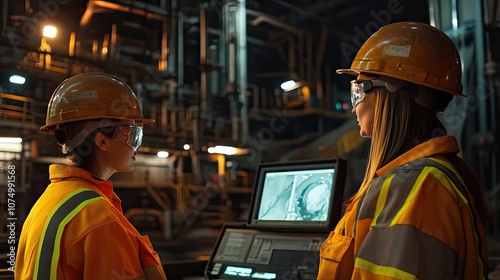 Two Female Workers in Hard Hats and Safety Gear Looking at a Monitor in an Industrial Setting photo