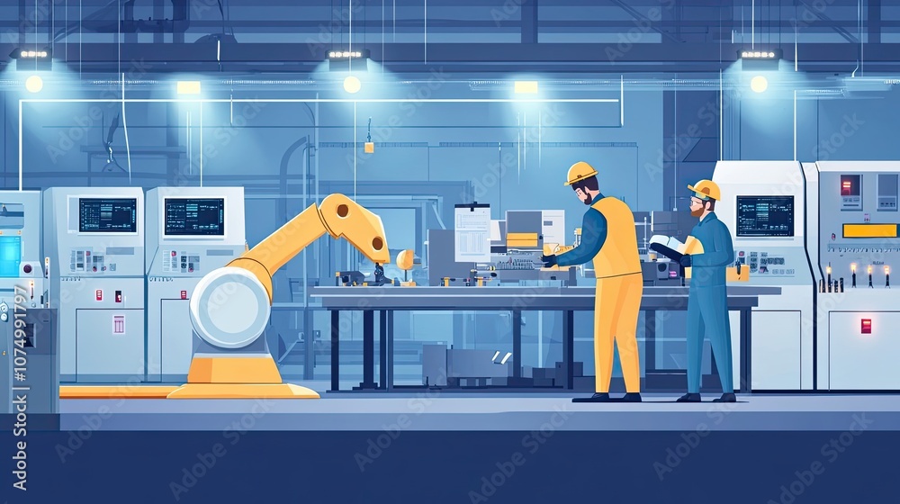 Two Workers and a Robotic Arm in a Factory Setting Two Workers and a Robotic Arm in a Factory Setting