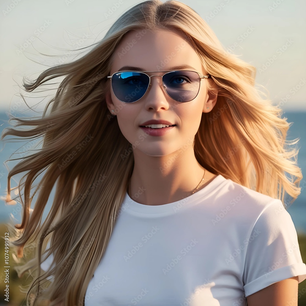 A beautiful blonde woman in sunglasses stands by the ocean, enjoying the sunny day and the serene coastal view. generative by ai A beautiful blonde woman in sunglasses stands by the ocean, enjoying the sunny day and the serene coastal view. generative by ai