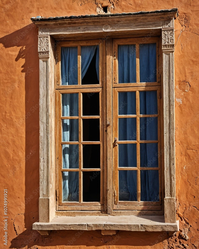 Fototapeta premium Antique Moroccan wooden door with intricate Islamic geometric patterns, aged turquoise paint, and ornate metal accents, capturing traditional craftsmanship and historic architecture in a rustic old