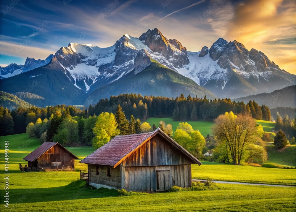 Breathtaking Barns Against the Majestic Wettersteingebirge Mountain Range in Bavaria's Scenic Landscape Breathtaking Barns Against the Majestic Wettersteingebirge Mountain Range in Bavaria's Scenic Landscape