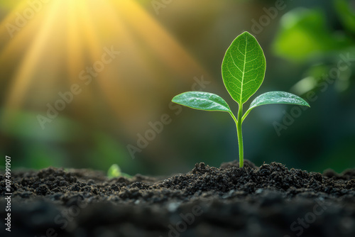 A vibrant green sprout emerging from rich soil with sunlight illuminating its leaves, symbolizing growth, renewal, and nature's beauty.