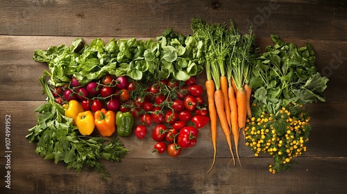 An overhead shot of an assortment of fresh organic vegetables and herbs laid out on a rustic wooden table.
