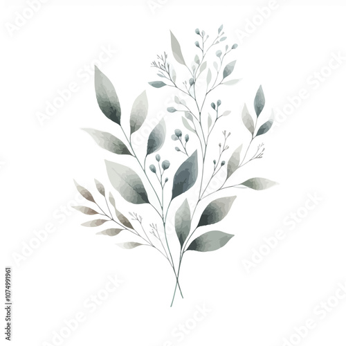 Delicate watercolor leaves and stems with a muted, minimalist floral arrangement vector