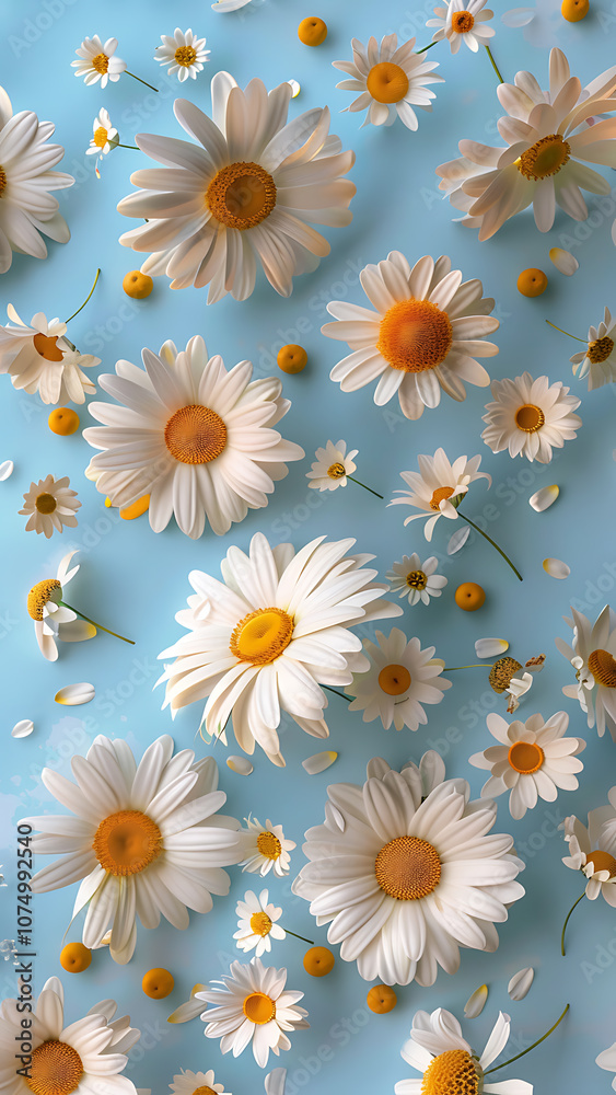 Obraz premium Seamless Pattern of Daisies on Light Blue Background with Fresh Feel